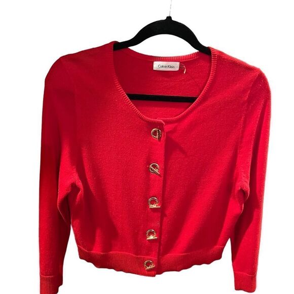 Calvin Klein Cardigan Sweater Red Cropped with Gold Toggle Closure size Medium - Picture 5 of 10